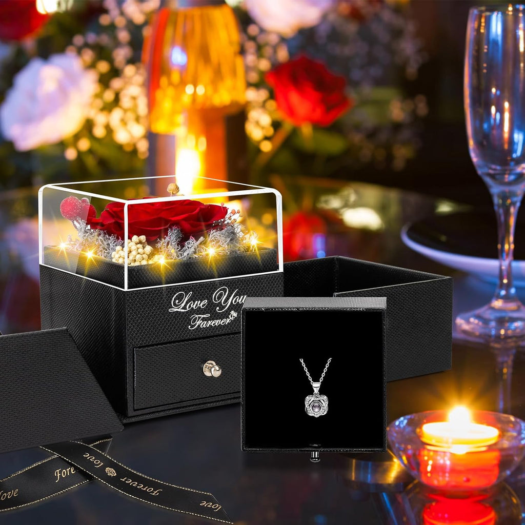 Preserved Red Rose with I Love You Necklace - Eternal Flower Gift for Women