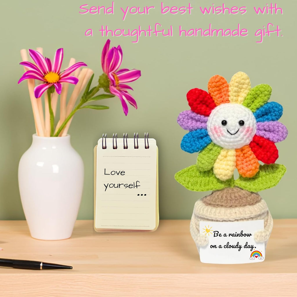 Handmade Rainbow Crochet Flower with Encouragement Card - Emotional Support Desk Decor Gift