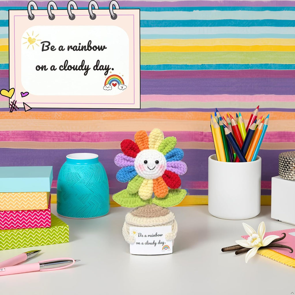 Handmade Rainbow Crochet Flower with Encouragement Card - Emotional Support Desk Decor Gift