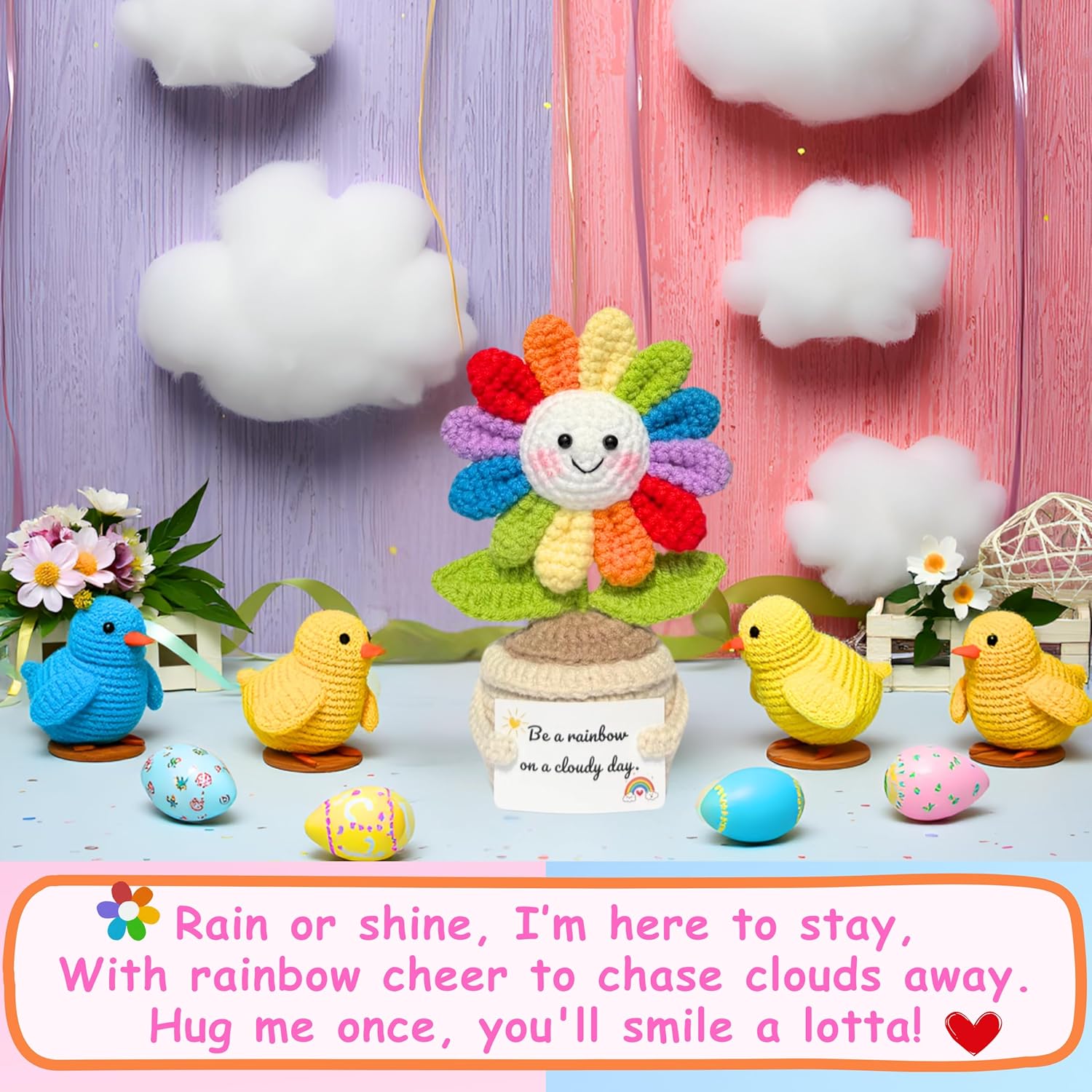 Handmade Rainbow Crochet Flower with Encouragement Card - Emotional Support Desk Decor Gift