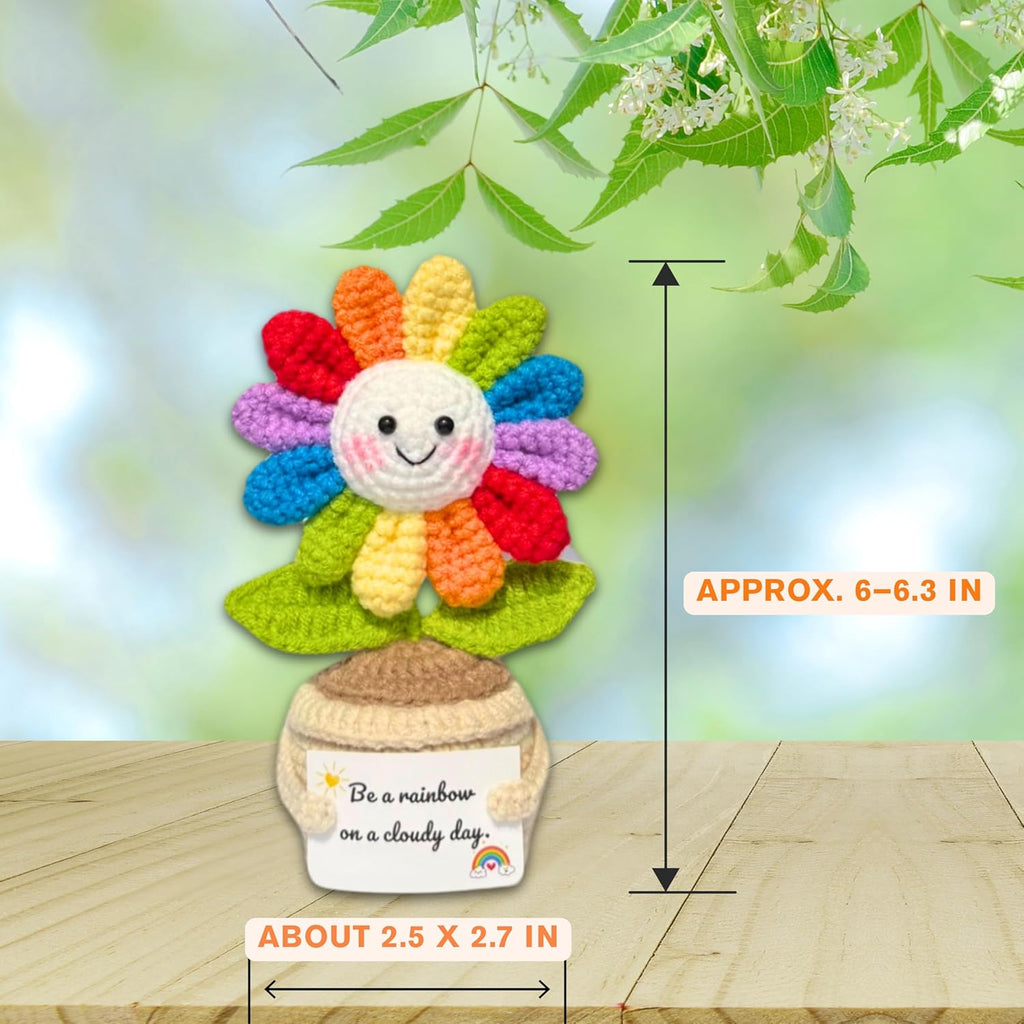 Handmade Rainbow Crochet Flower with Encouragement Card - Emotional Support Desk Decor Gift