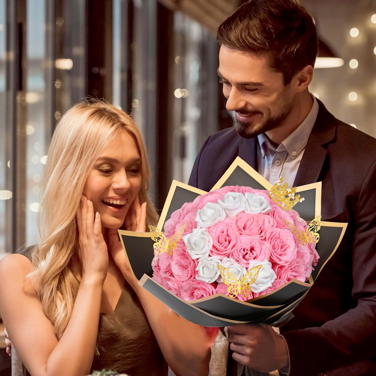 DIY Glitter Rose Bouquet Kit with 56 Flowers, Letters for Personalized Valentine's Gifts