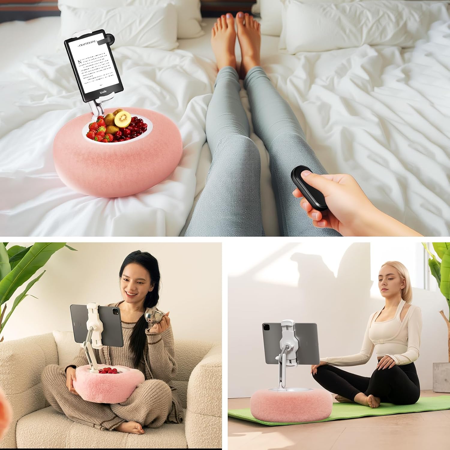 Adjustable Tablet Pillow Stand with Snack Bowl, Universal Holder for 4.7-13 inch Devices
