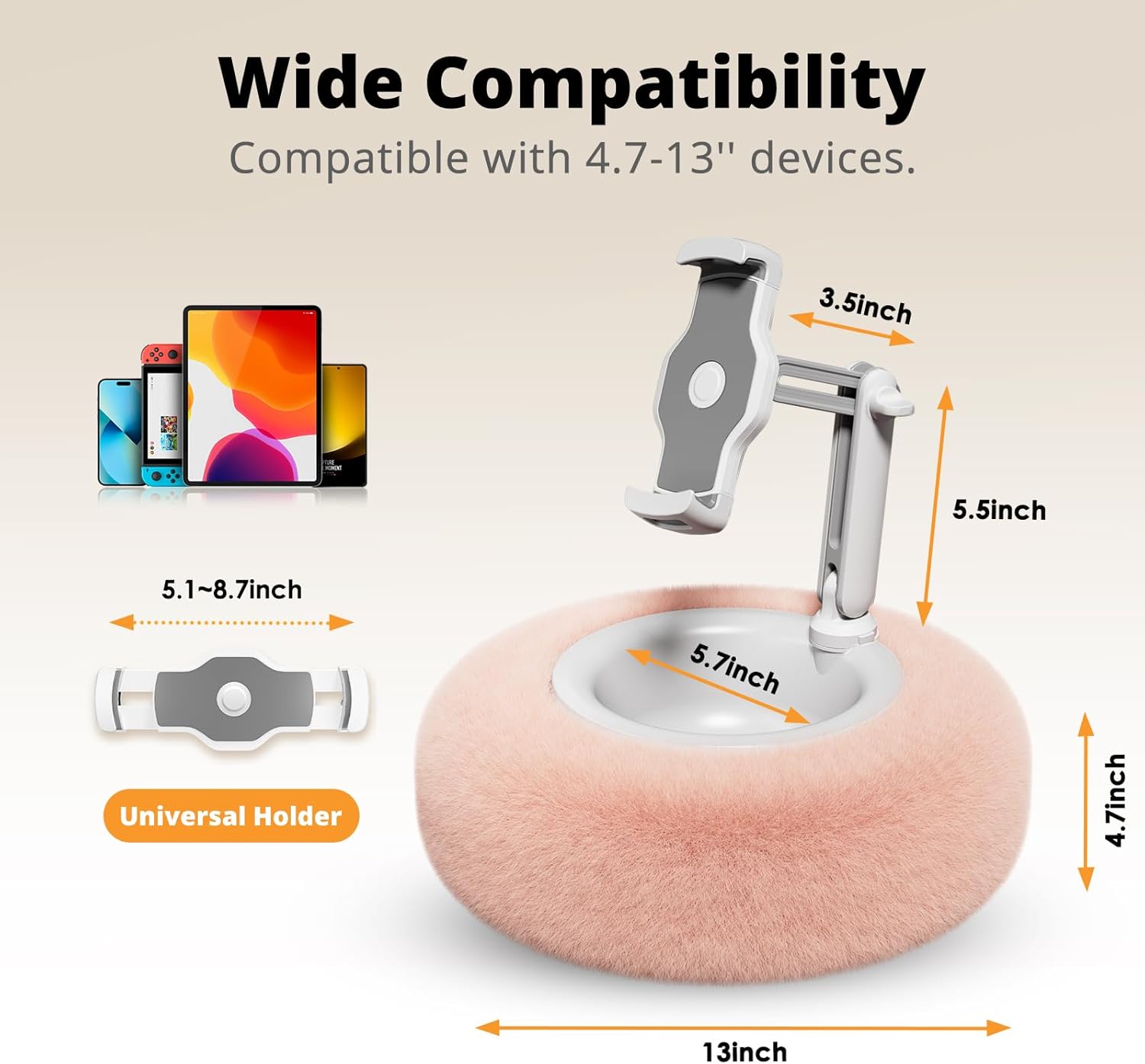 Adjustable Tablet Pillow Stand with Snack Bowl, Universal Holder for 4.7-13 inch Devices