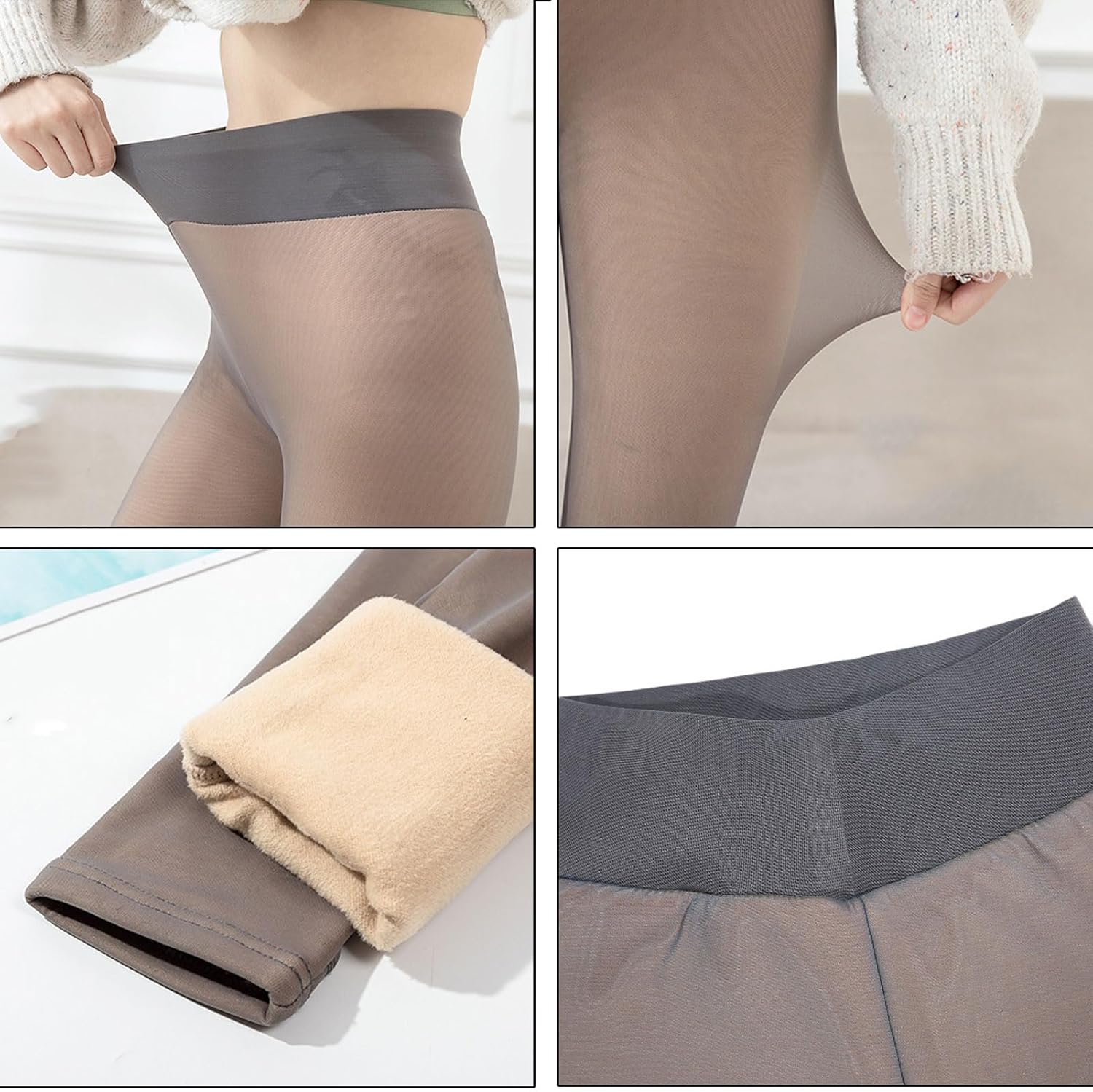 Fleece-Lined Compression Tights with One-Seam Design & Translucent Skin Tone