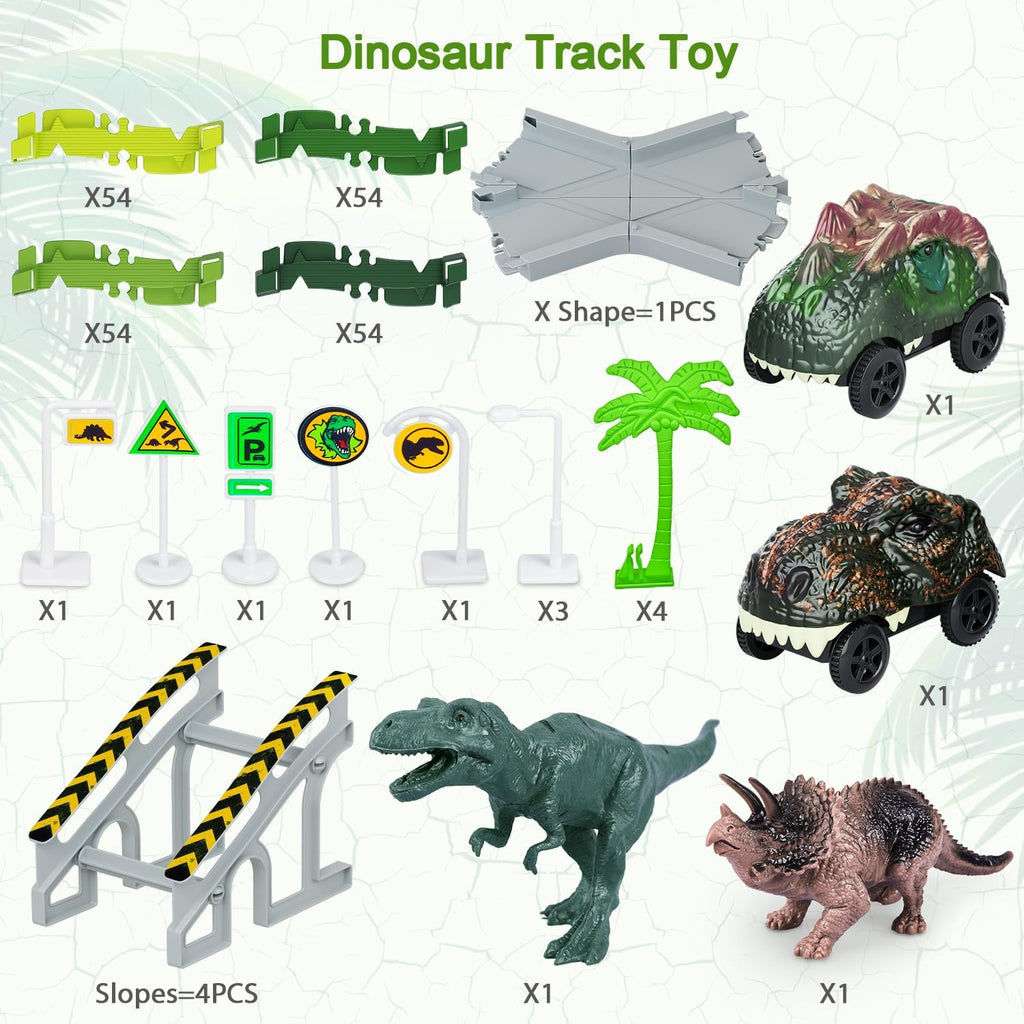 Dinosaur World Race Track Set with 216 Flexible Pieces & 2 Dinosaur Cars for Kids 3+