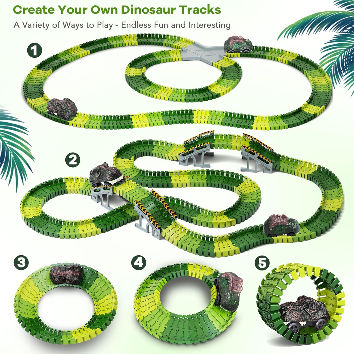 Dinosaur World Race Track Set with 216 Flexible Pieces & 2 Dinosaur Cars for Kids 3+