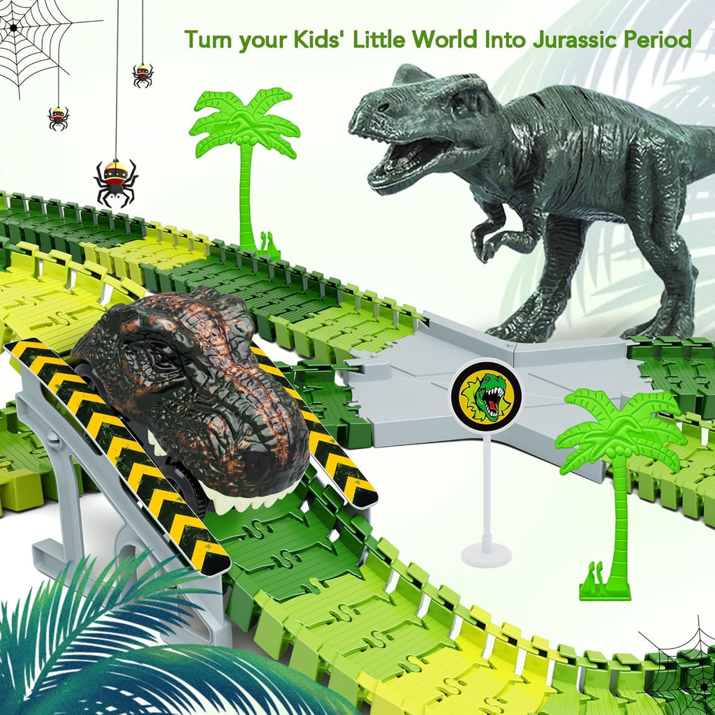 Dinosaur World Race Track Set with 216 Flexible Pieces & 2 Dinosaur Cars for Kids 3+