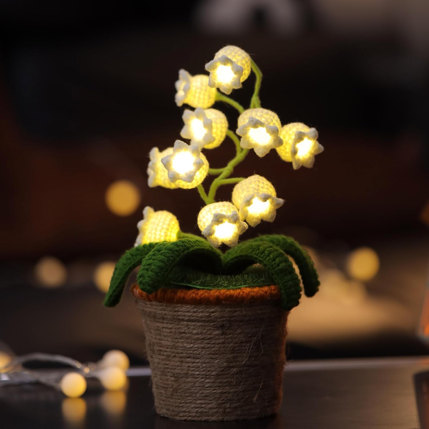 Handmade Crochet Lily of the Valley Night Light with Rattan Planter - Cordless Table Lamp