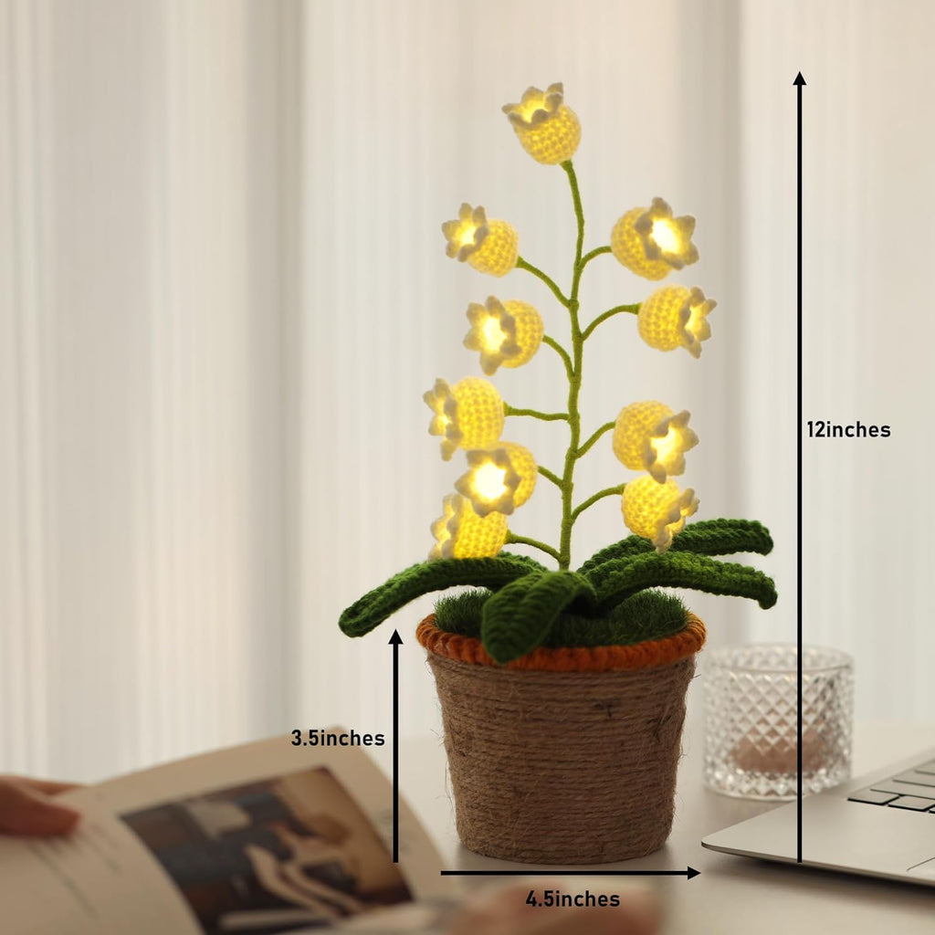 Handmade Crochet Lily of the Valley Night Light with Rattan Planter - Cordless Table Lamp