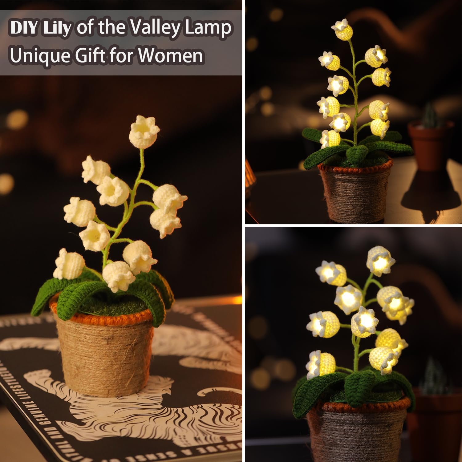 Handmade Crochet Lily of the Valley Night Light with Rattan Planter - Cordless Table Lamp