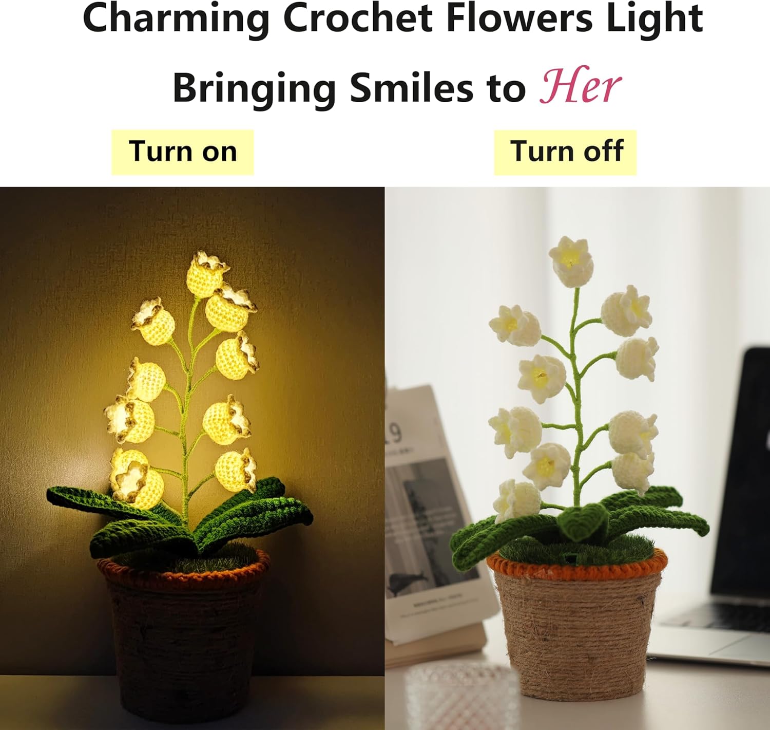 Handmade Crochet Lily of the Valley Night Light with Rattan Planter - Cordless Table Lamp