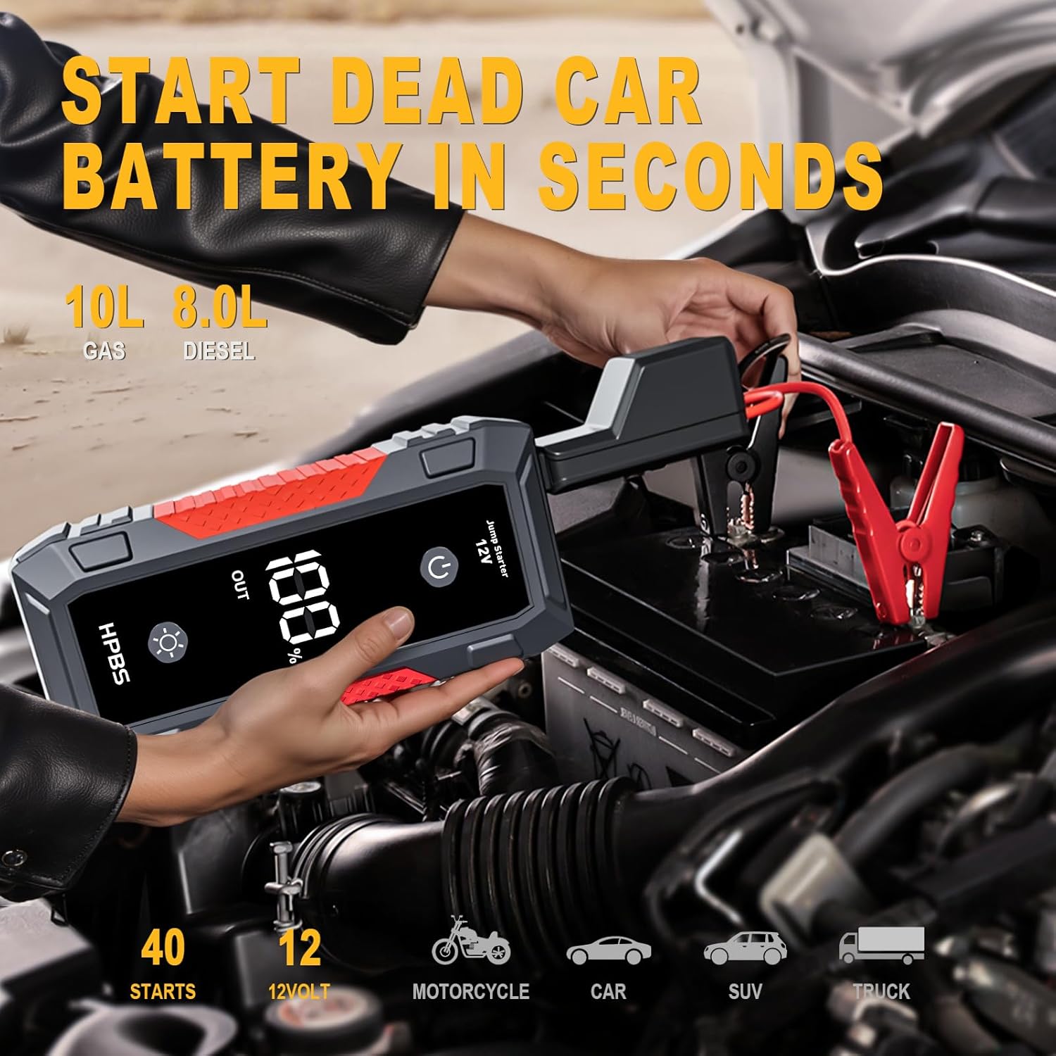 5000A Portable Car Jump Starter for 10.0L Gas/8.0L Diesel Engines with LCD Display