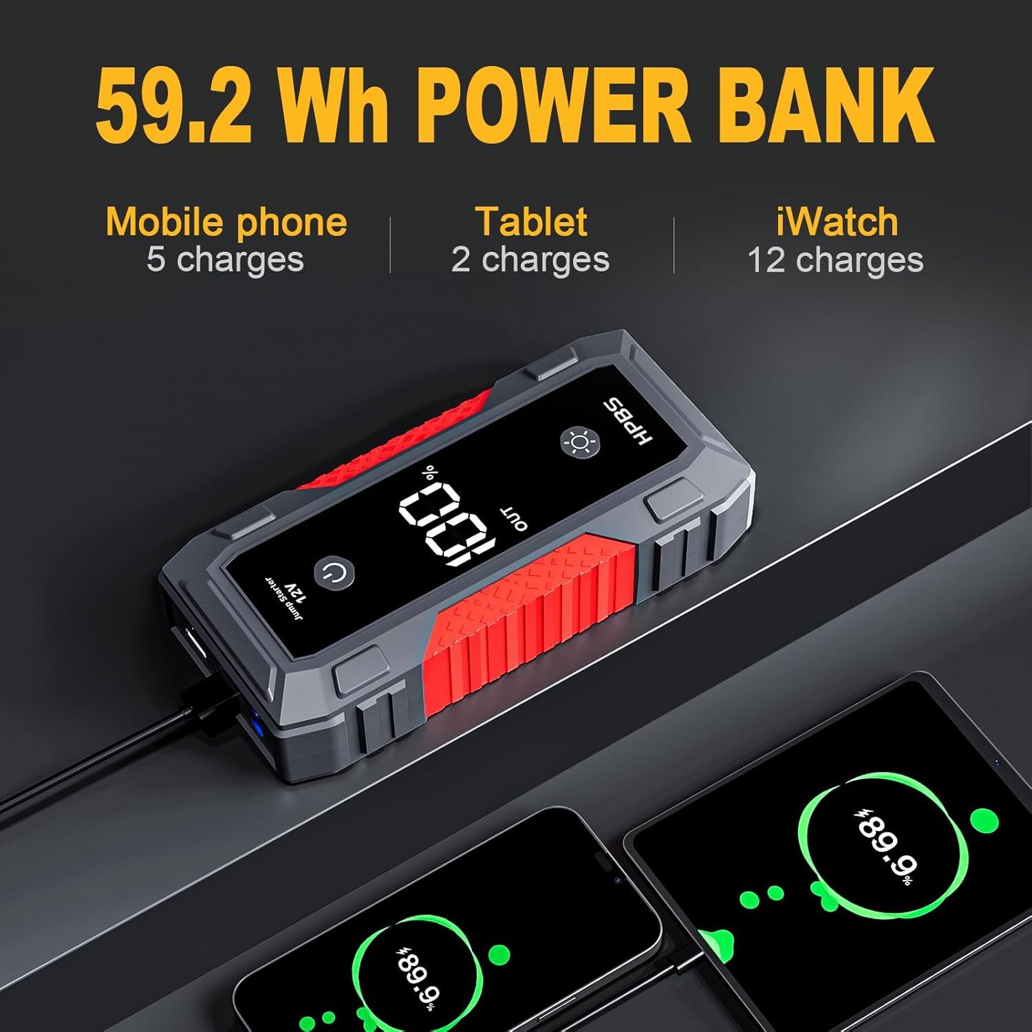 5000A Portable Car Jump Starter for 10.0L Gas/8.0L Diesel Engines with LCD Display