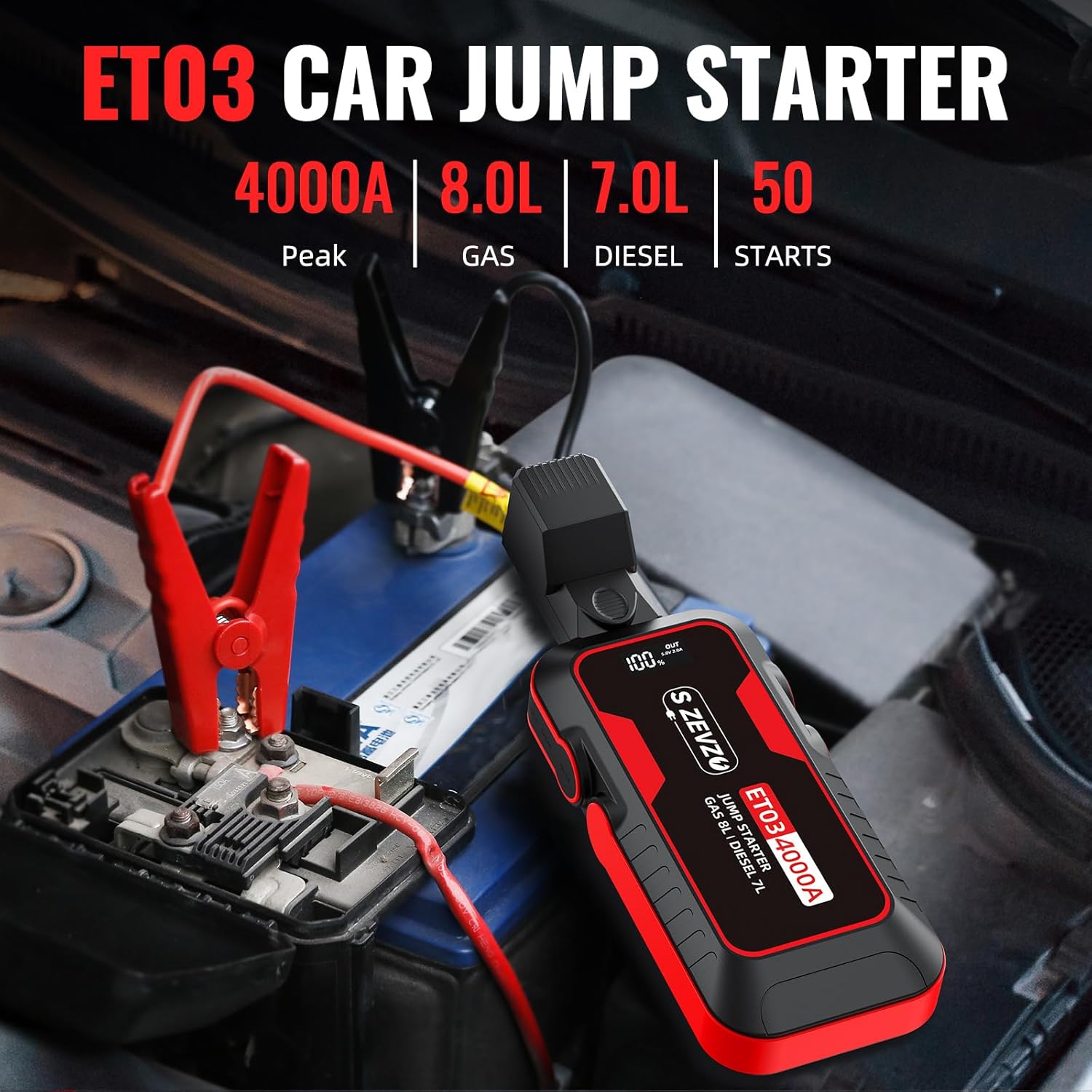 4000A Peak Car Jump Starter for 8.0L Gas & 7.0L Diesel Engines with Power Bank & LED Light