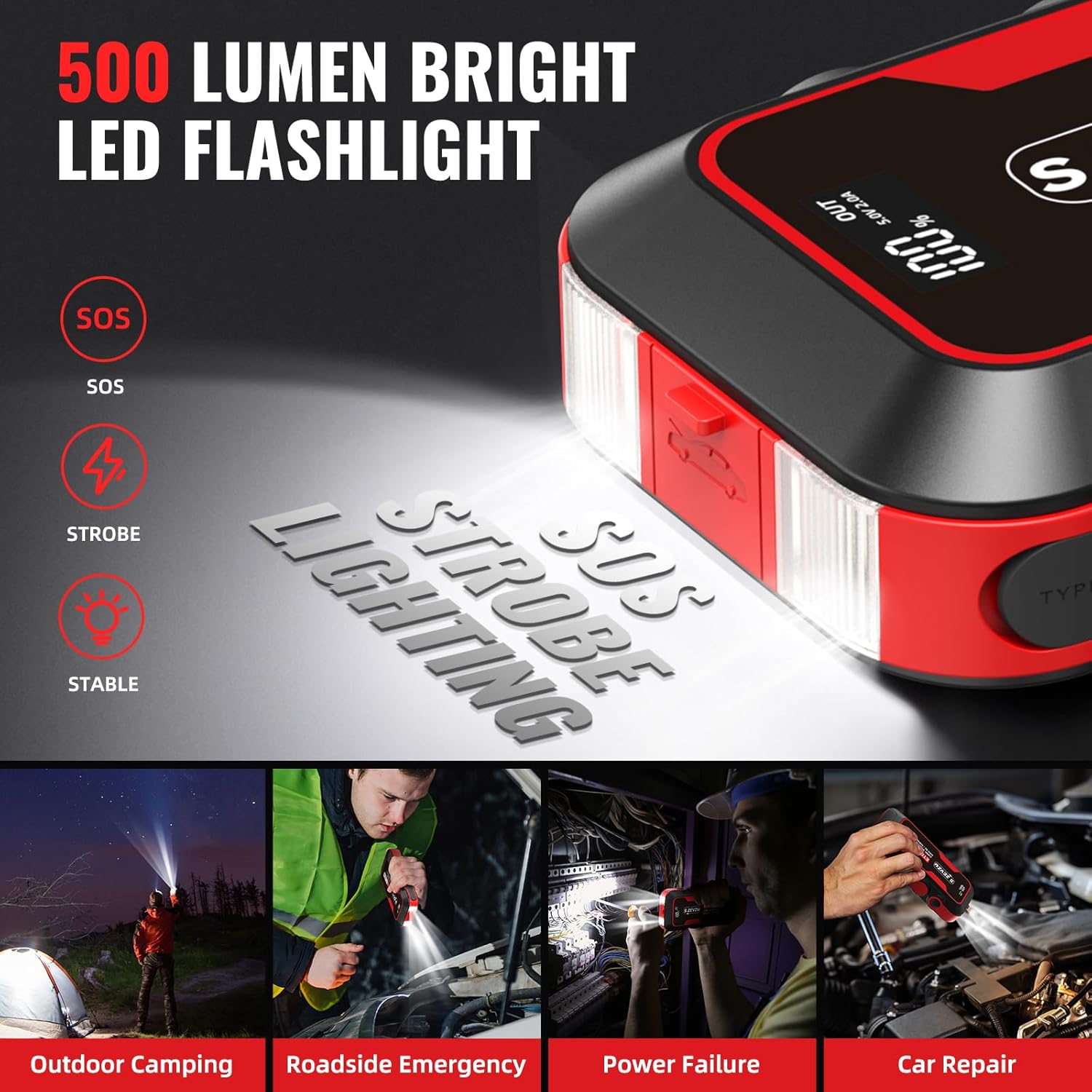 4000A Peak Car Jump Starter for 8.0L Gas & 7.0L Diesel Engines with Power Bank & LED Light