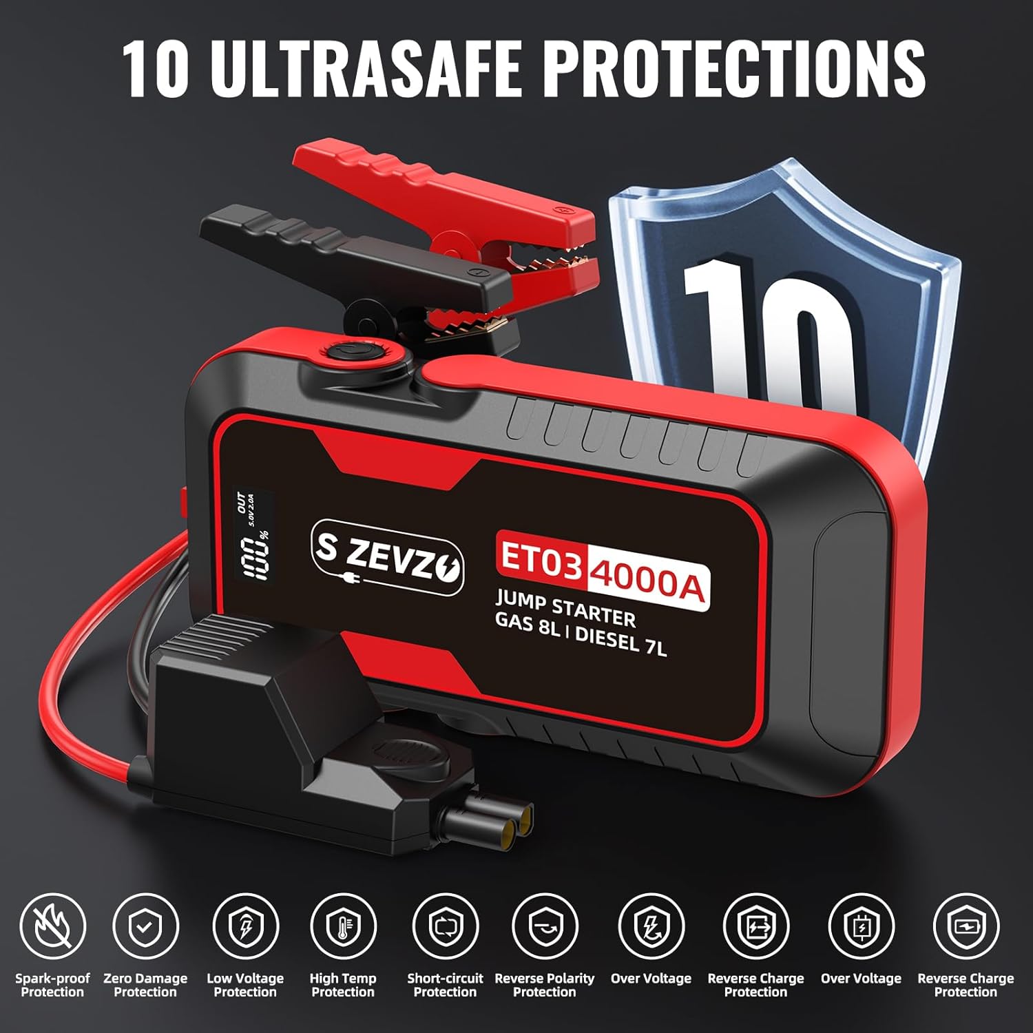 4000A Peak Car Jump Starter for 8.0L Gas & 7.0L Diesel Engines with Power Bank & LED Light