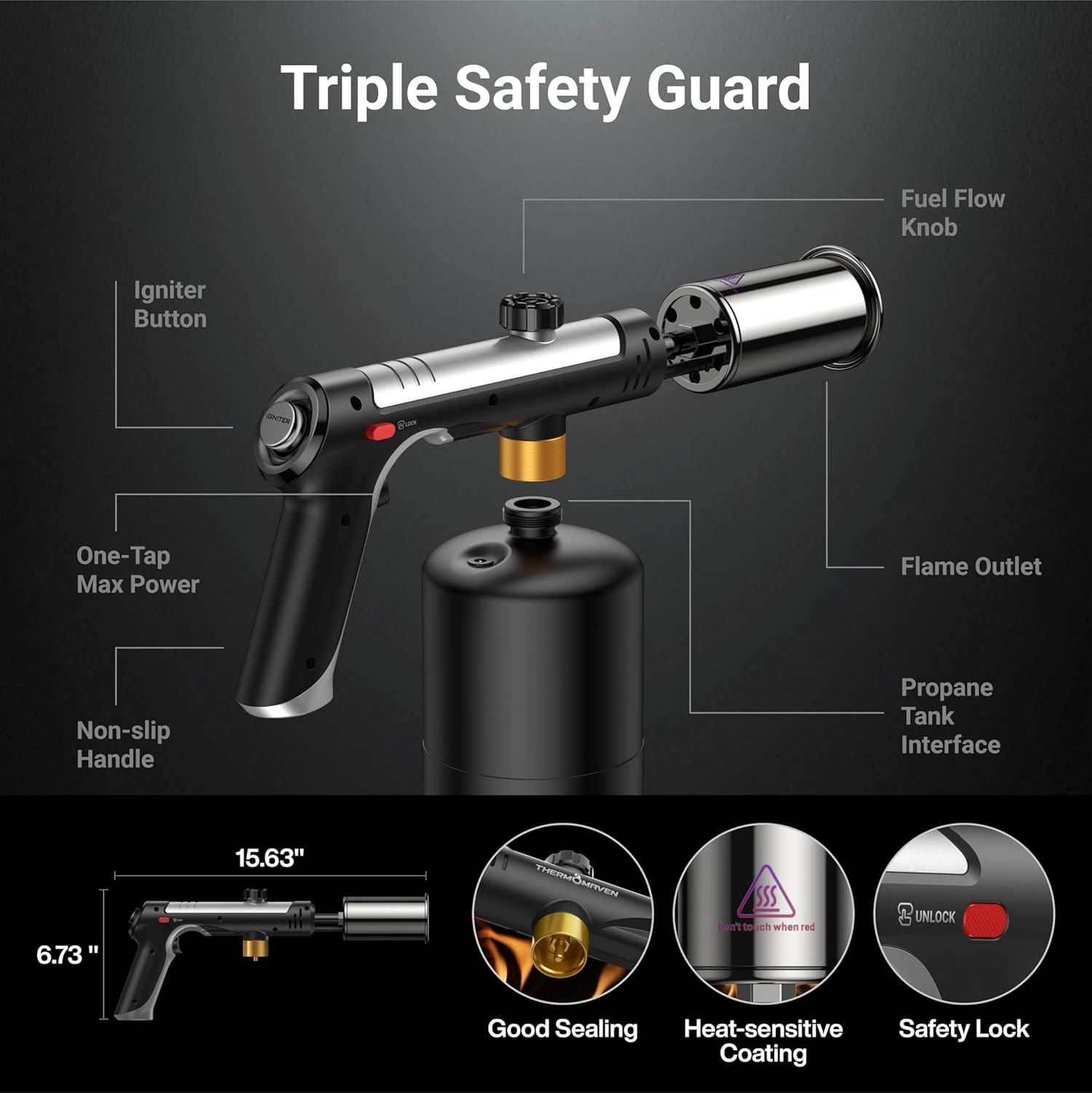 Propane Torch with One-Touch Max Fire, Safety Lock & Adjustable Flame for Grilling & DIY