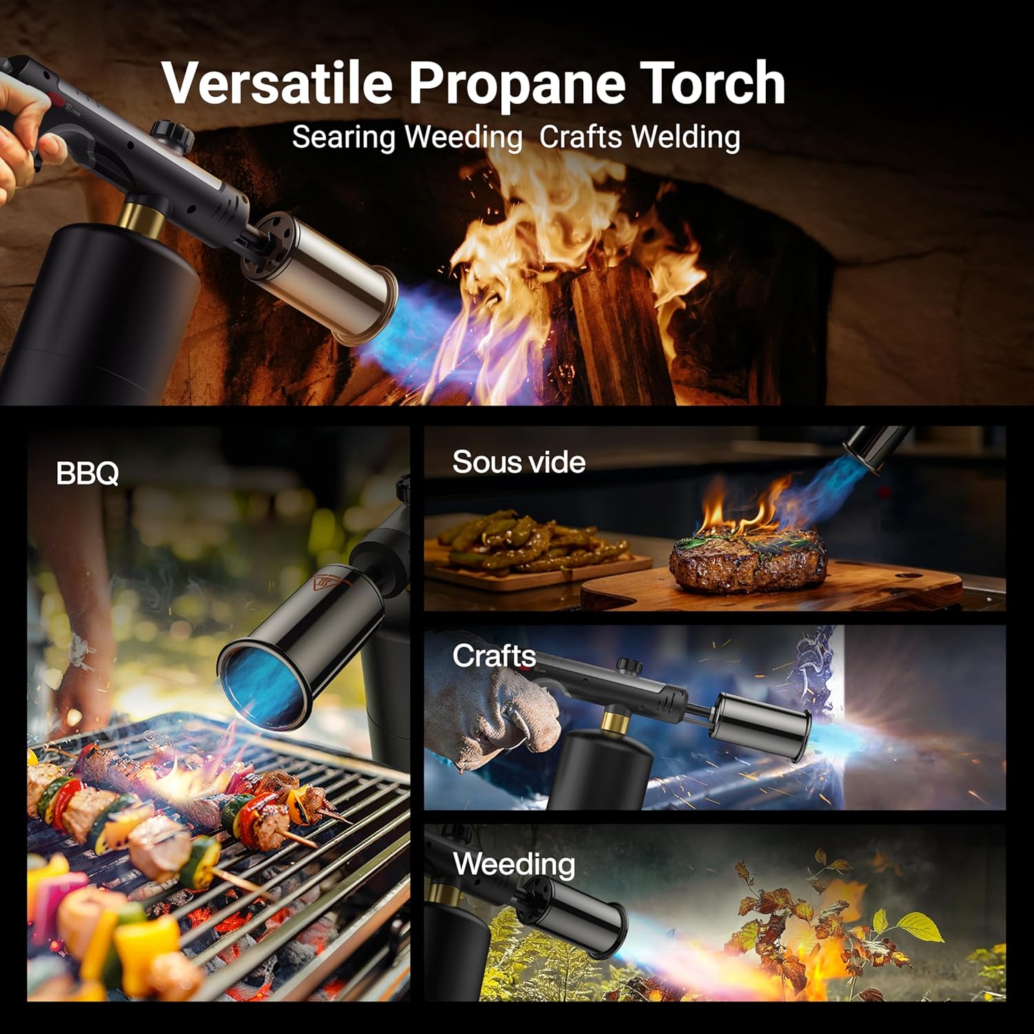 Propane Torch with One-Touch Max Fire, Safety Lock & Adjustable Flame for Grilling & DIY