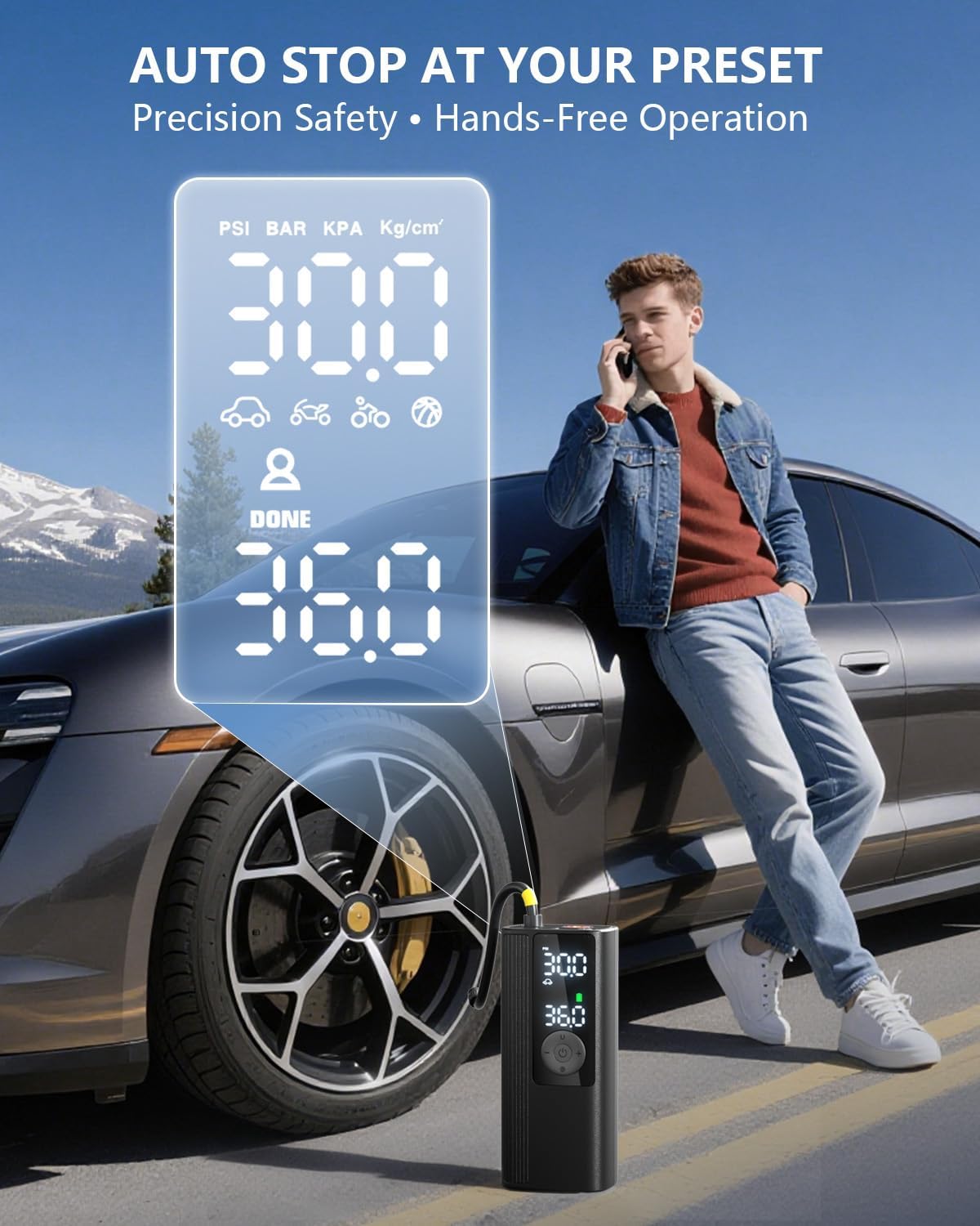 Portable Cordless Air Compressor with Digital Gauge, 150PSI Auto Shut-Off for Car Tires