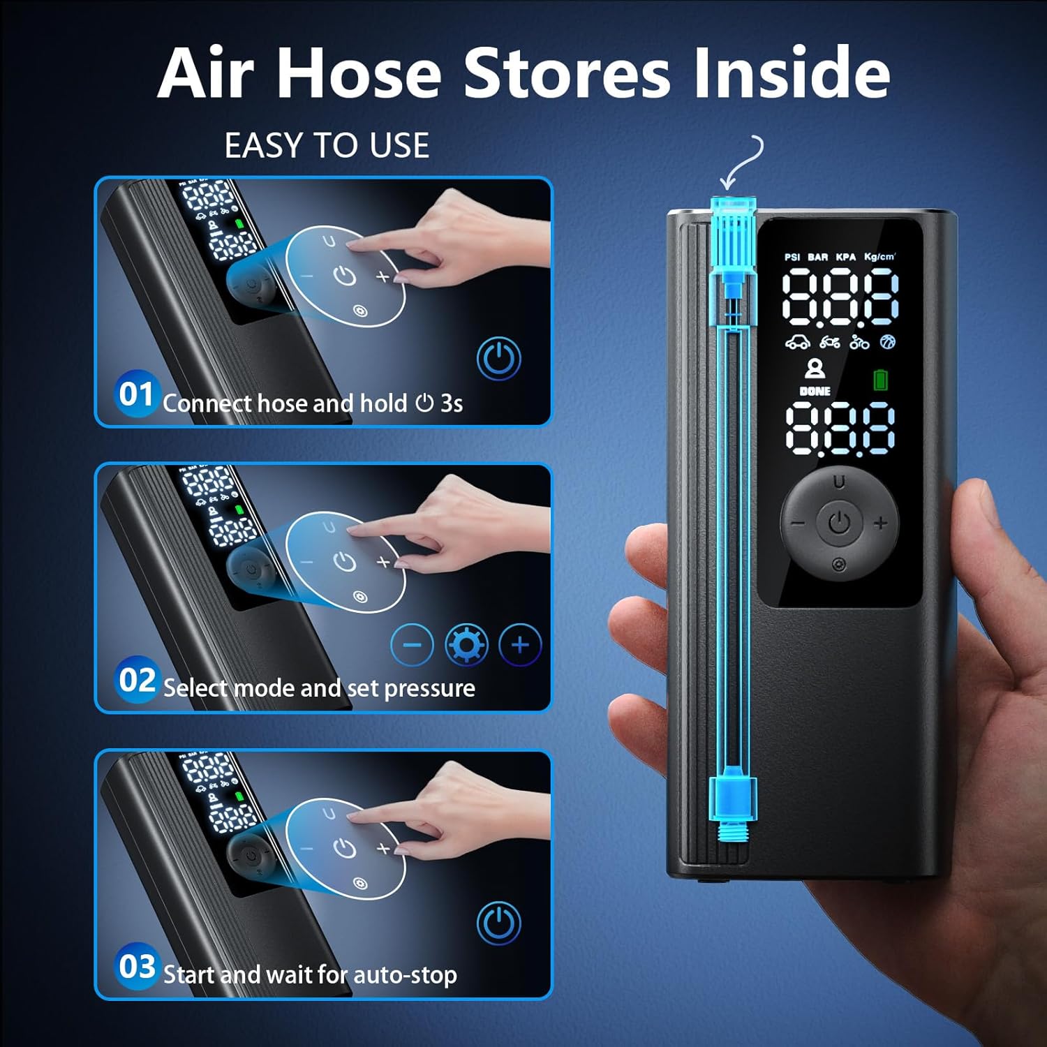 Portable Cordless Air Compressor with Digital Gauge, 150PSI Auto Shut-Off for Car Tires