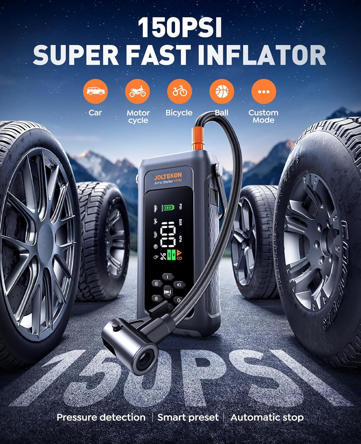 4500A Car Battery Jump Starter with 150PSI Air Compressor, 8-in-1 Portable Power Bank
