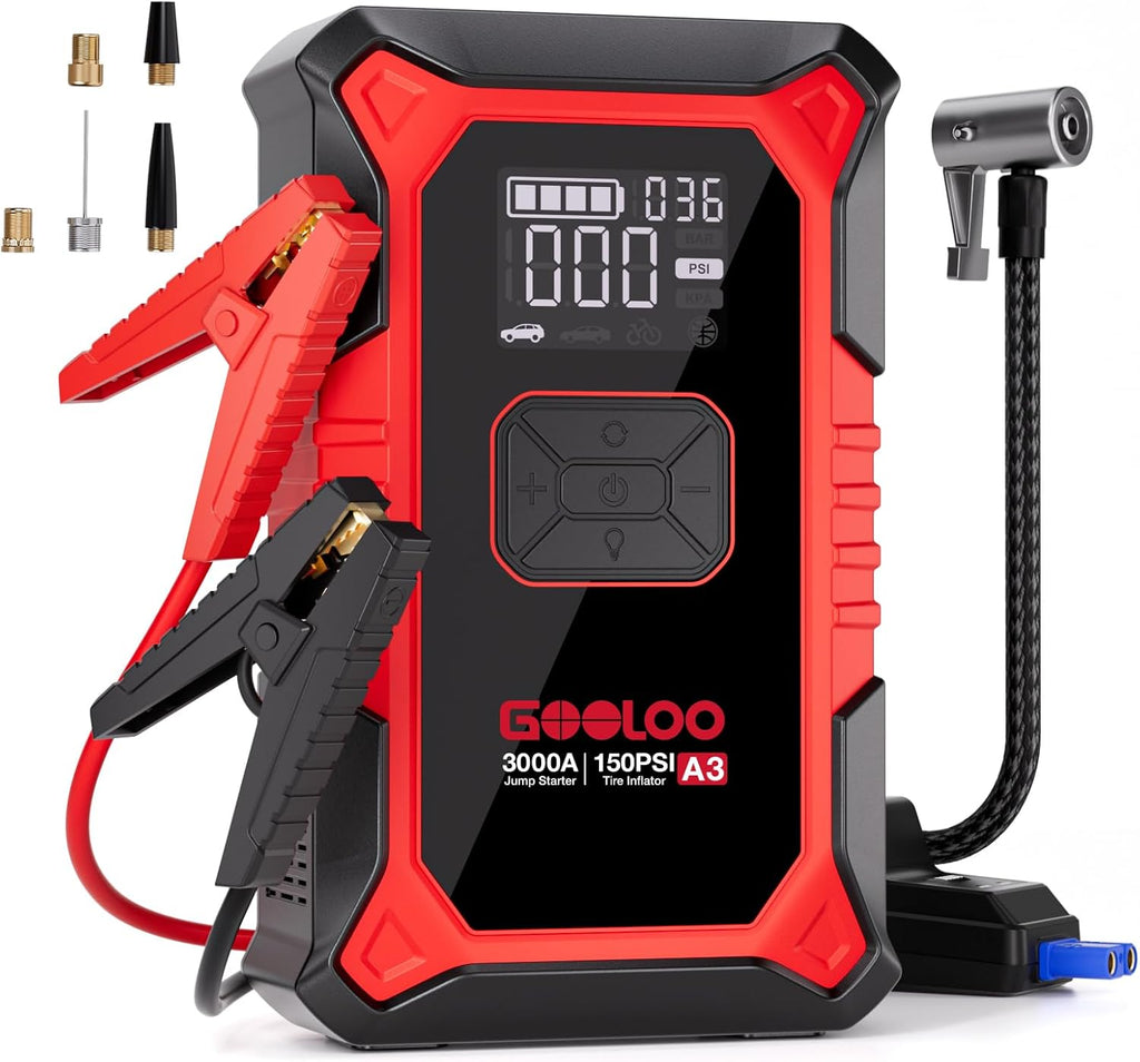 3000A Portable Car Jump Starter with 150PSI Air Compressor - 7-in-1 Emergency Power Bank