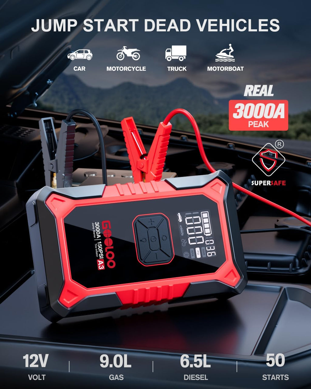 3000A Portable Car Jump Starter with 150PSI Air Compressor - 7-in-1 Emergency Power Bank
