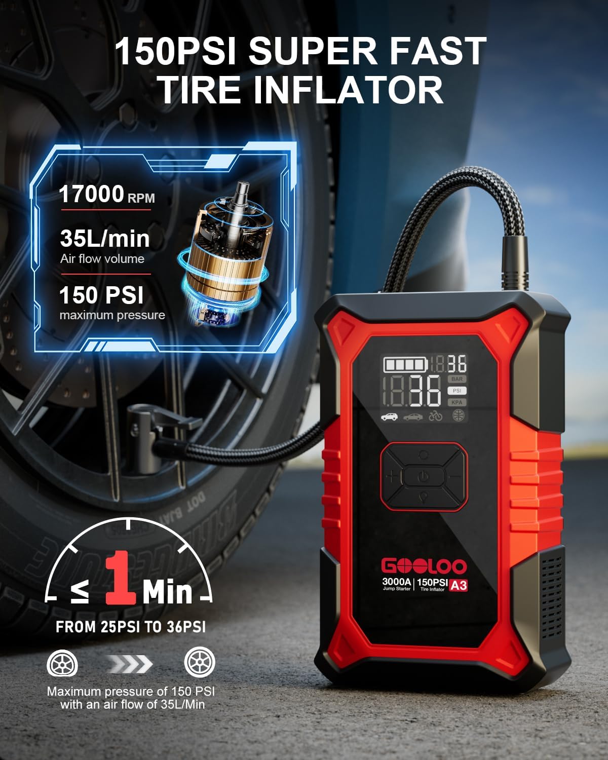 3000A Portable Car Jump Starter with 150PSI Air Compressor - 7-in-1 Emergency Power Bank