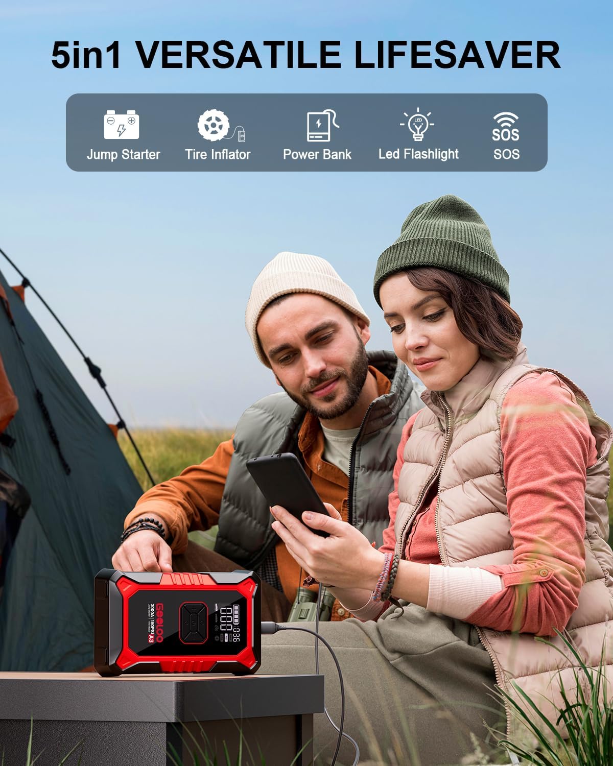 3000A Portable Car Jump Starter with 150PSI Air Compressor - 7-in-1 Emergency Power Bank