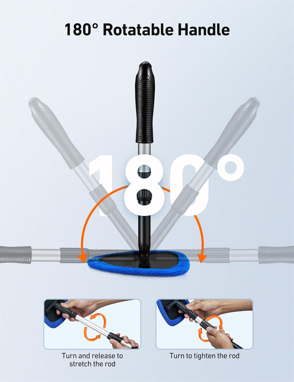 Extendable Windshield Cleaner with 4 Microfiber Pads, 180° Rotating Head for Car Interior Glass
