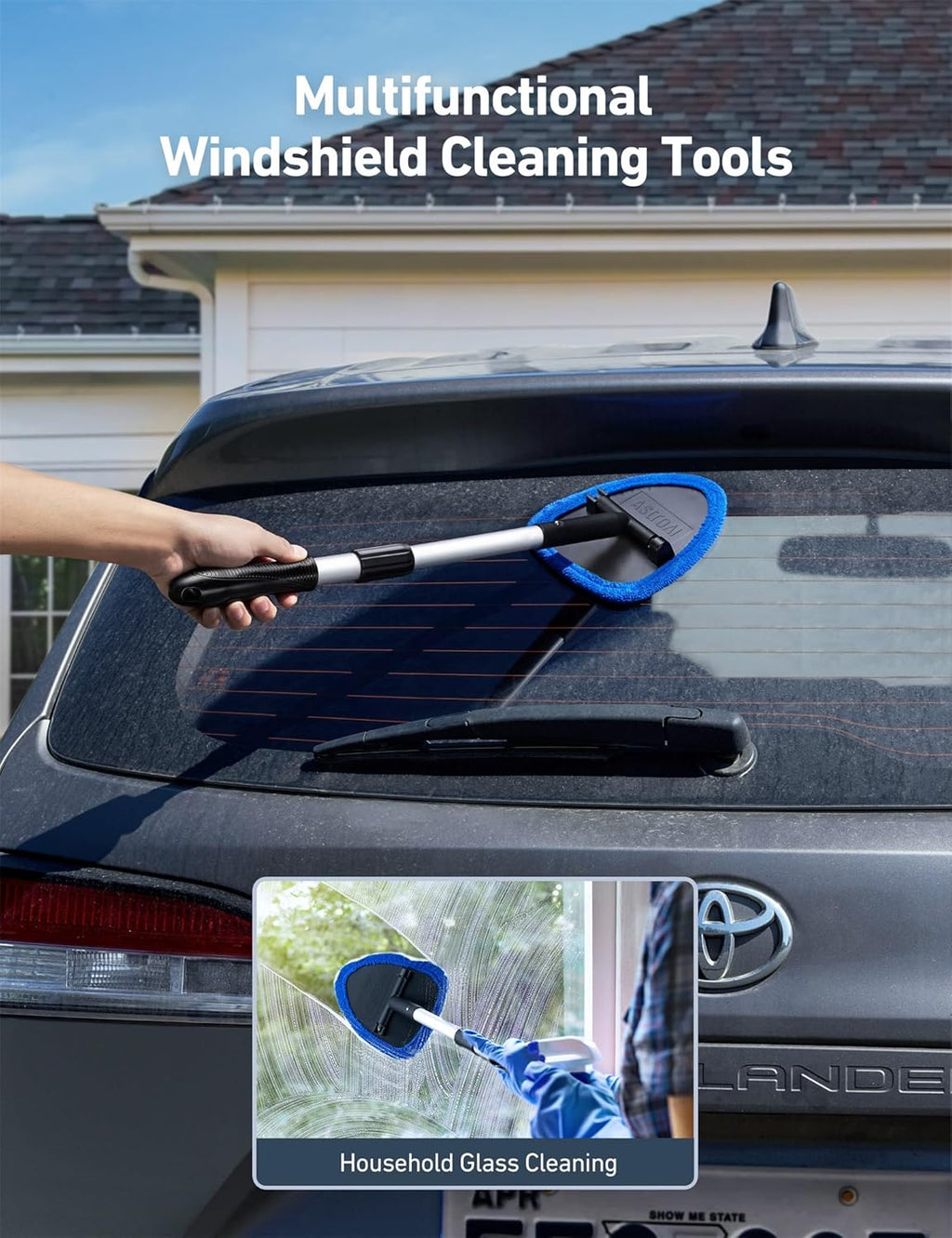 Extendable Windshield Cleaner with 4 Microfiber Pads, 180° Rotating Head for Car Interior Glass