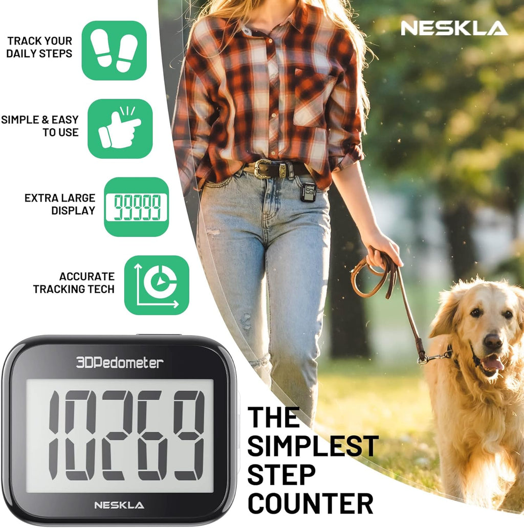 3D Pedometer with Large Digital Display, Accurate Step Counter with Clip and Lanyard