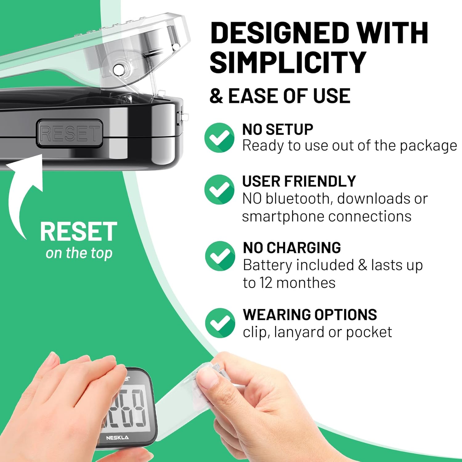 3D Pedometer with Large Digital Display, Accurate Step Counter with Clip and Lanyard