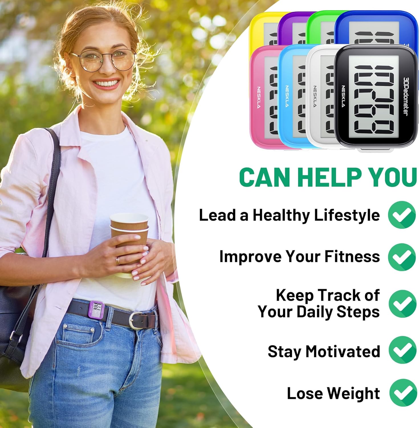 3D Pedometer with Large Digital Display, Accurate Step Counter with Clip and Lanyard
