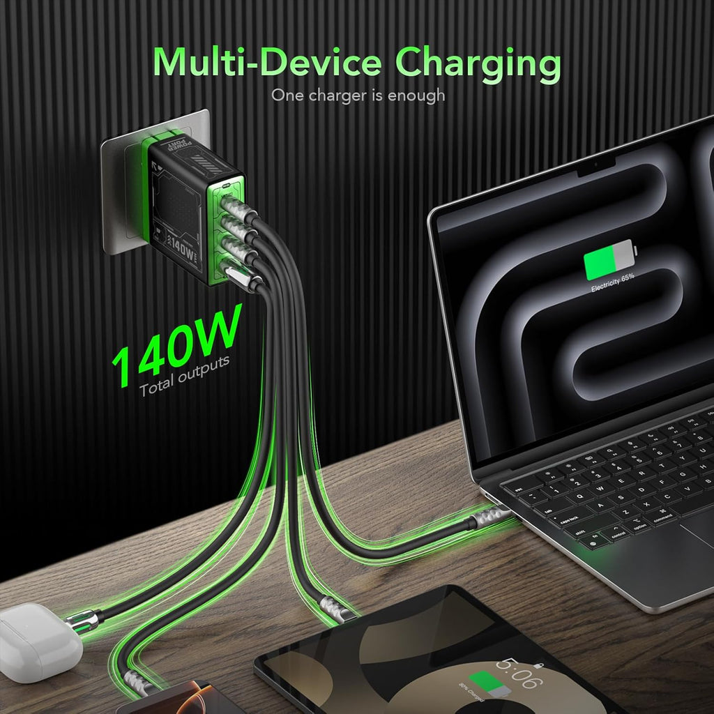 140W GaN Fast Charger with 4 Ports, Foldable Plug for Laptops, Phones & Tablets
