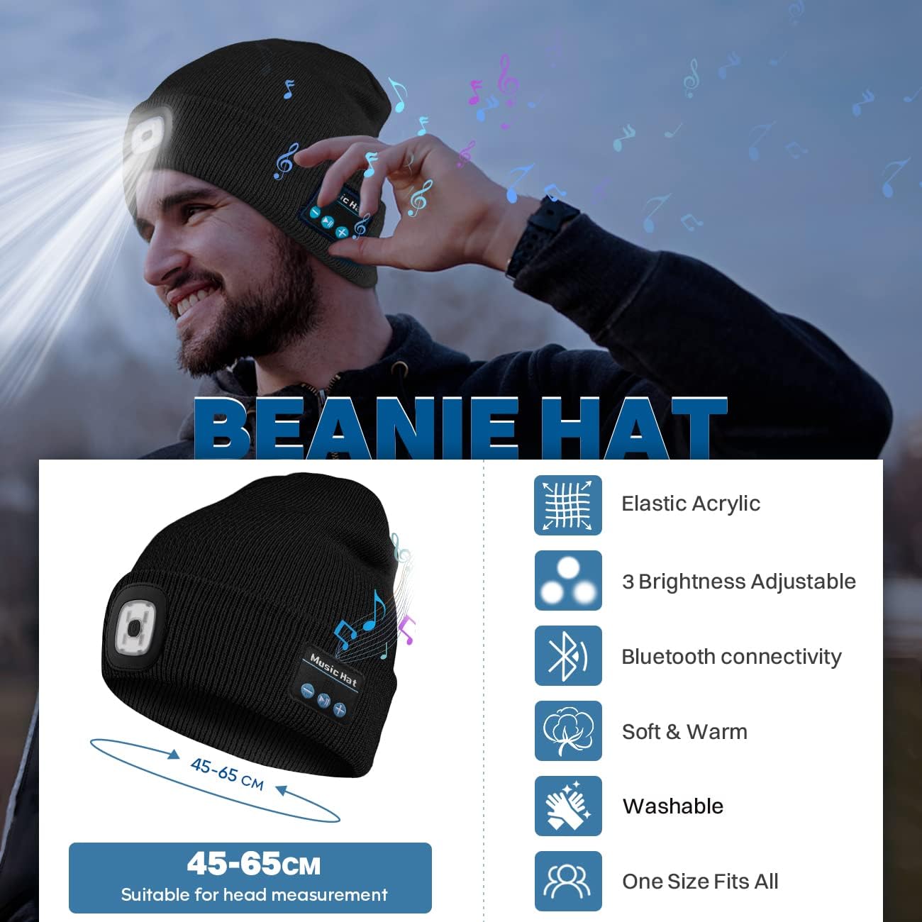 Bluetooth Beanie Hat with LED Headlamp, Built-in Speakers & Mic for Outdoor Activities