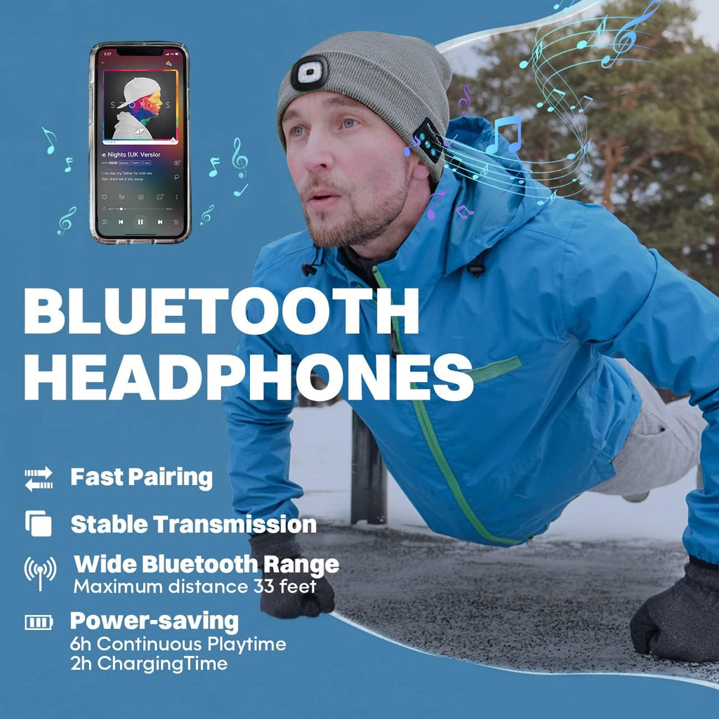 Bluetooth Beanie Hat with LED Headlamp, Built-in Speakers & Mic for Outdoor Activities