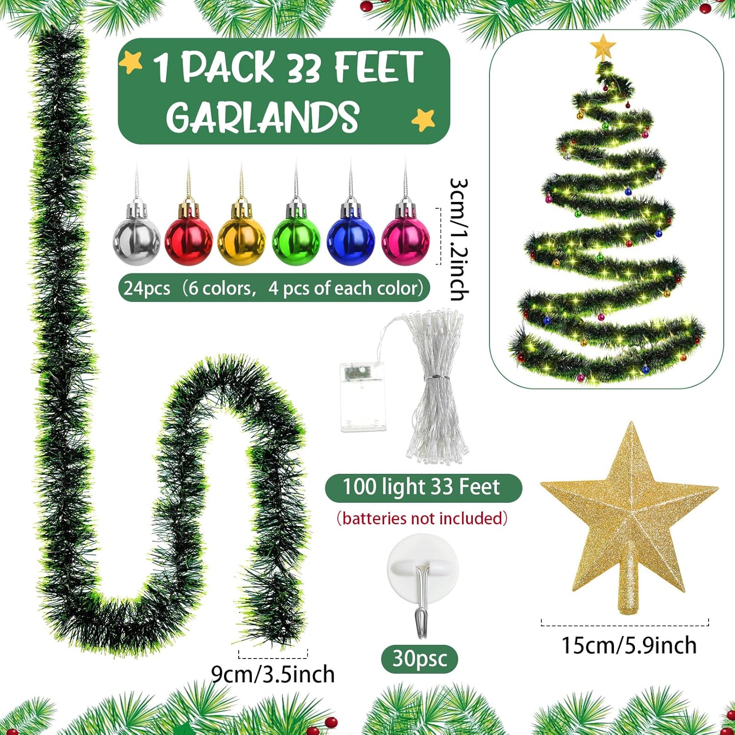 33FT DIY Christmas Tree Wall Decoration with LED Lights and Ornaments for Indoor Outdoor Decor