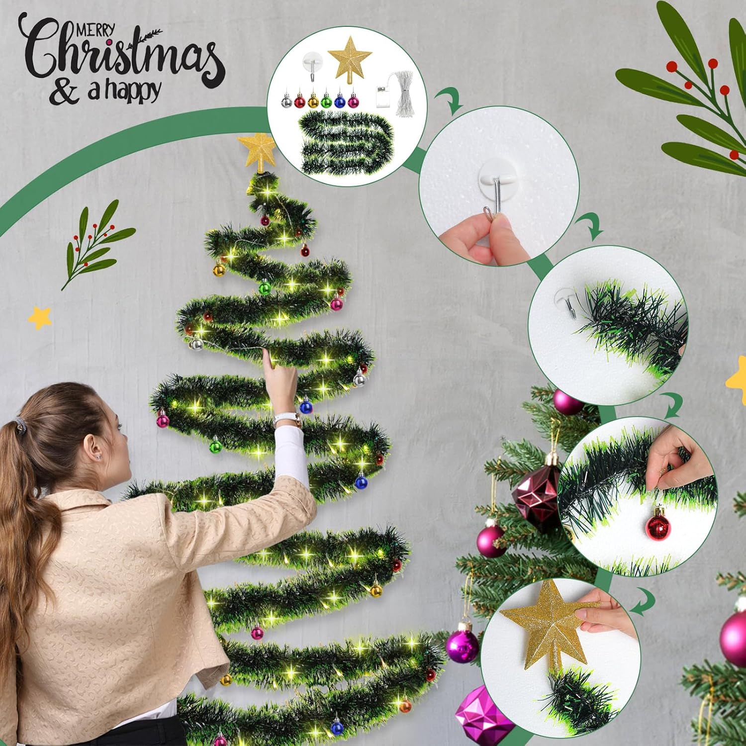 33FT DIY Christmas Tree Wall Decoration with LED Lights and Ornaments for Indoor Outdoor Decor