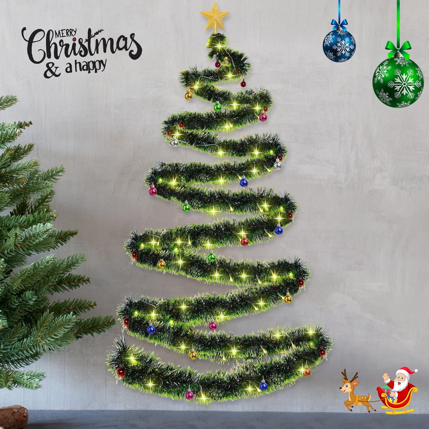 33FT DIY Christmas Tree Wall Decoration with LED Lights and Ornaments for Indoor Outdoor Decor