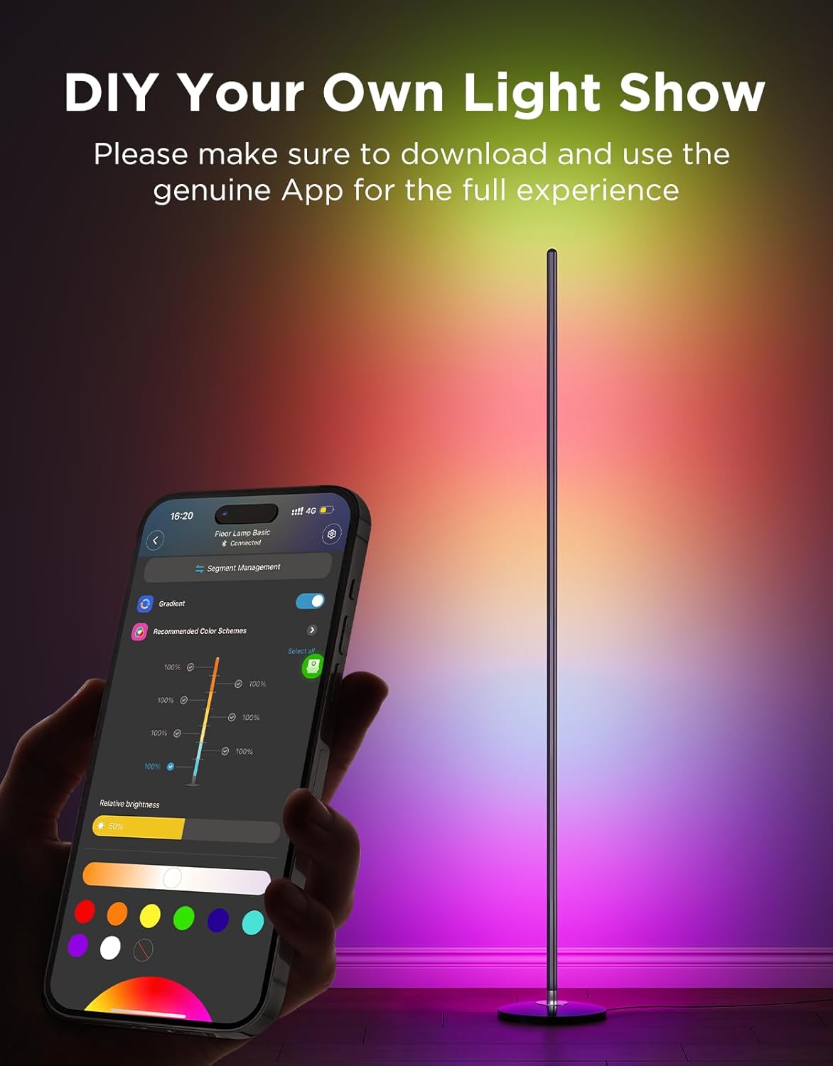 RGBIC Smart Floor Lamp with Music Sync, 1000 Lumen Color Changing Standing Lamp for Living Room