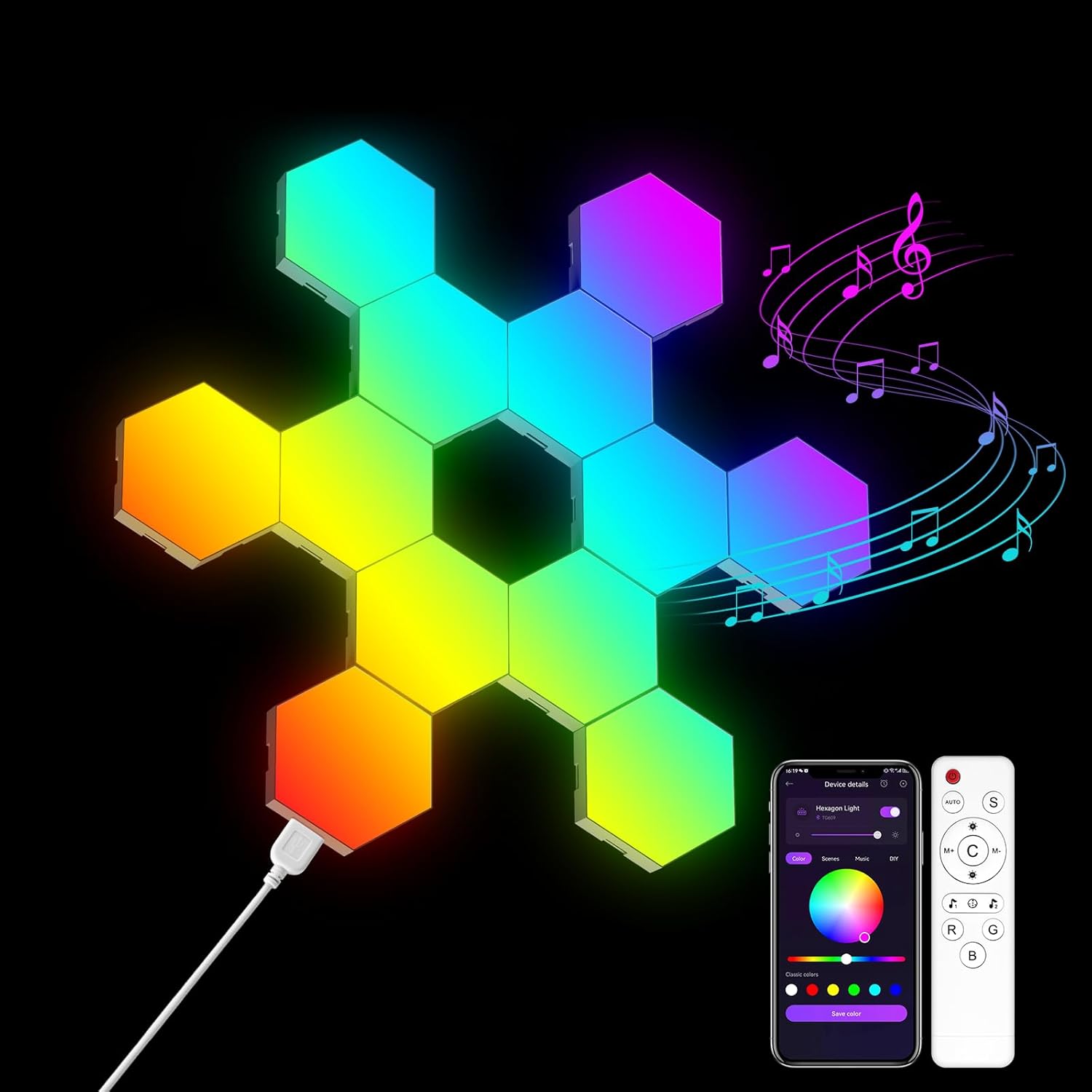 12 Pack Hexagon RGB Wall Panels - Smart LED Lights with Music Sync & DIY Design