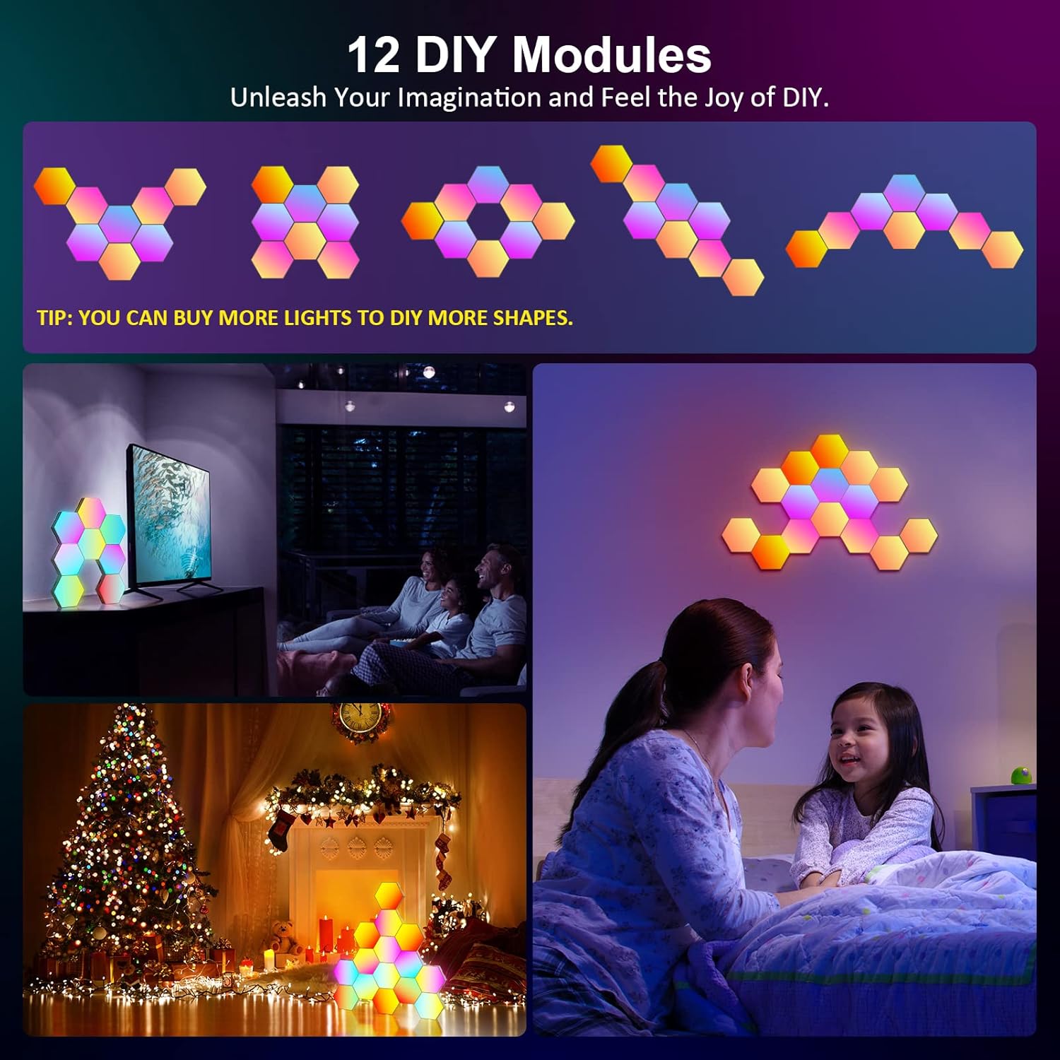 12 Pack Hexagon RGB Wall Panels - Smart LED Lights with Music Sync & DIY Design