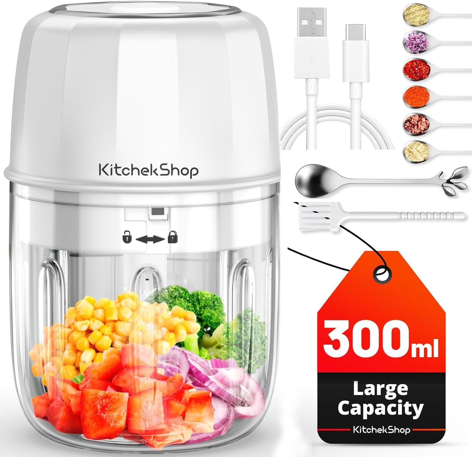 300ML Cordless Electric Garlic Chopper, Portable Mini Food Processor with USB Charging