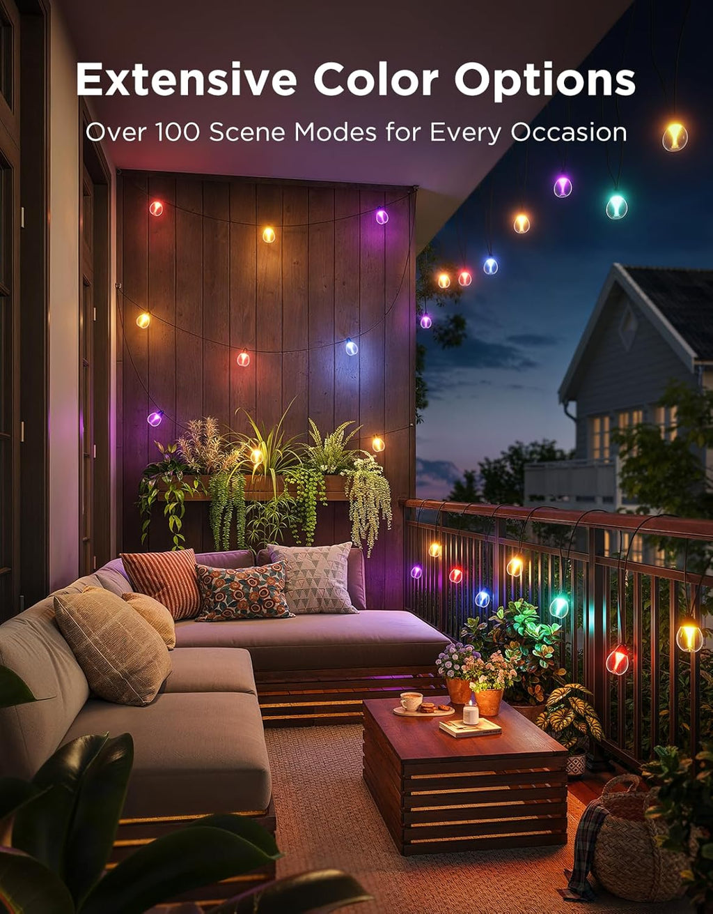 96ft Outdoor RGBWIC String Lights with 30 Dimmable LED Bulbs, 111 Scene Modes, IP67 Waterproof