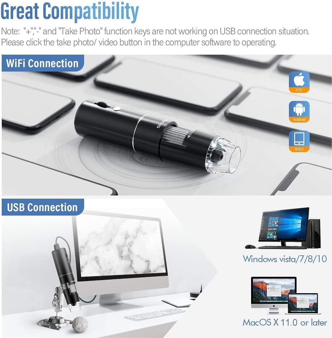 Wireless Digital Microscope with 50X-1000X Magnification, WiFi & USB Connectivity for Mobile Devices and Computers