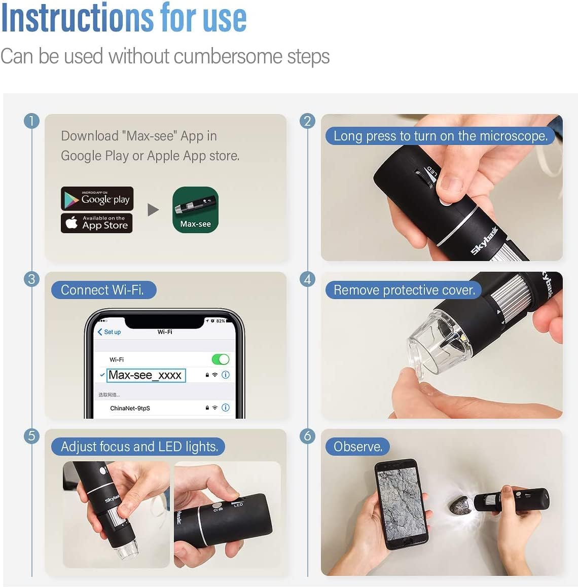 Wireless Digital Microscope with 50X-1000X Magnification, WiFi & USB Connectivity for Mobile Devices and Computers