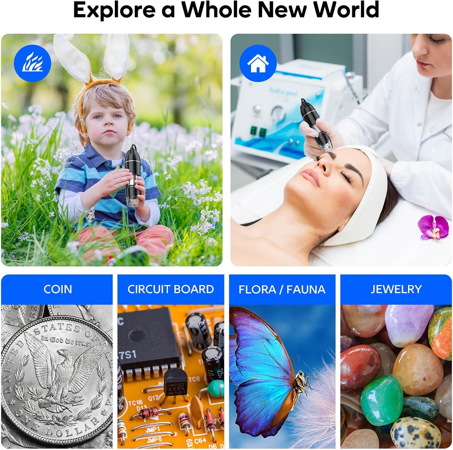 USB Digital Microscope with 50x-1600x Magnification, 1440P HD Camera, 8 LED Lights for iOS/Android