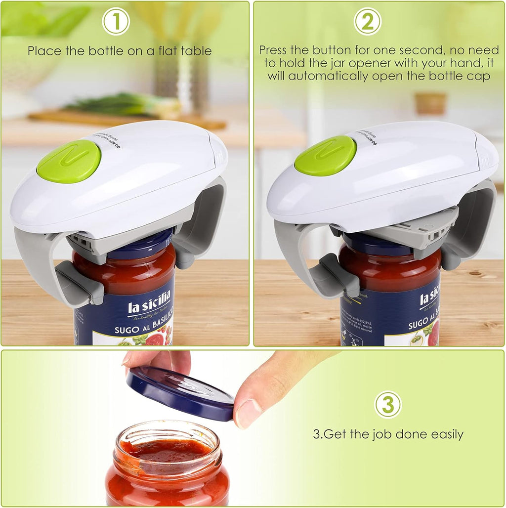 Electric Jar Opener - Automatic Hands-Free Kitchen Gadget for Sealed Jars (White)